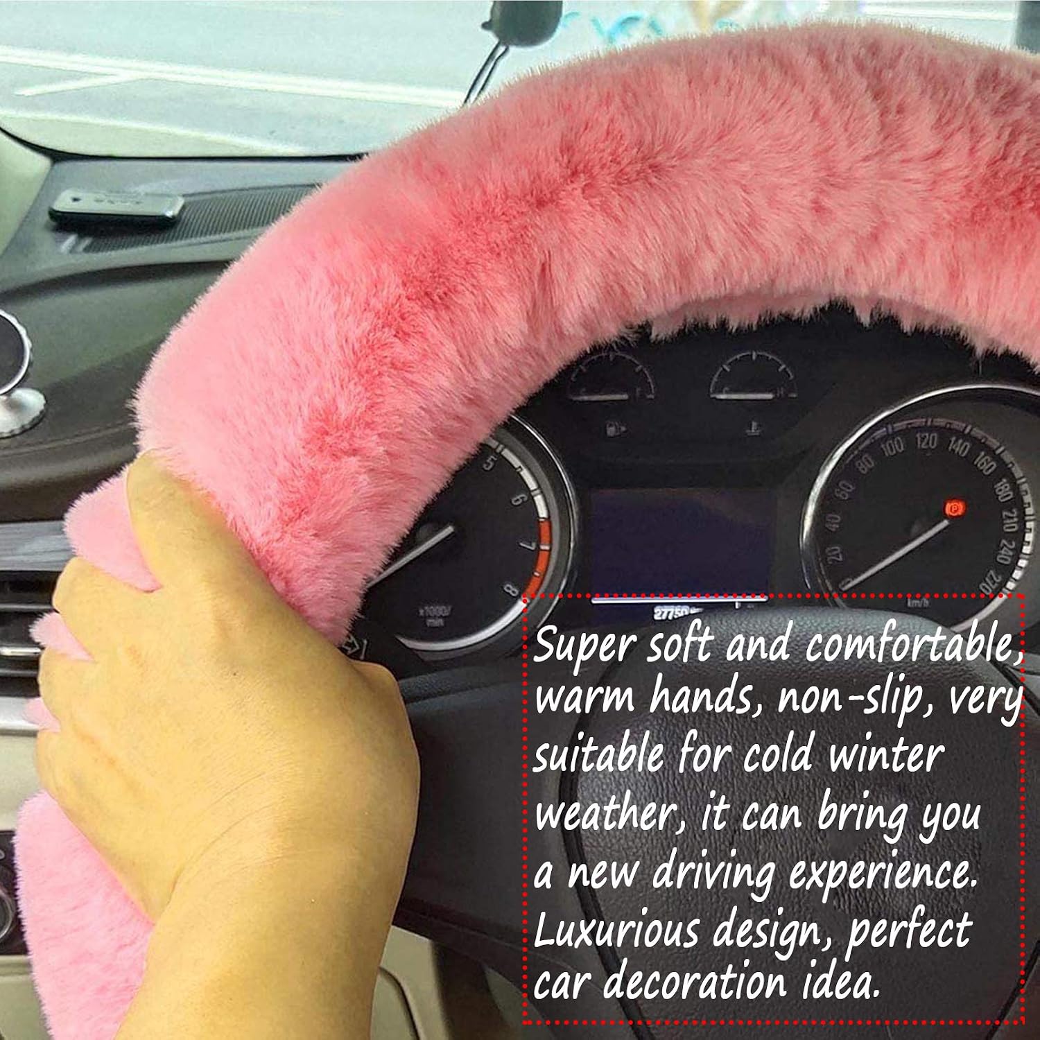 Fluffy Steering Wheel Cover for Women/Girls/Ladies Fuzzy Steering Wheel Cover Winter Warm Faux Wool Plush Car Wheel Cover Furry Steering Wheel Protector Universal Fit 15 Inch (Pink)