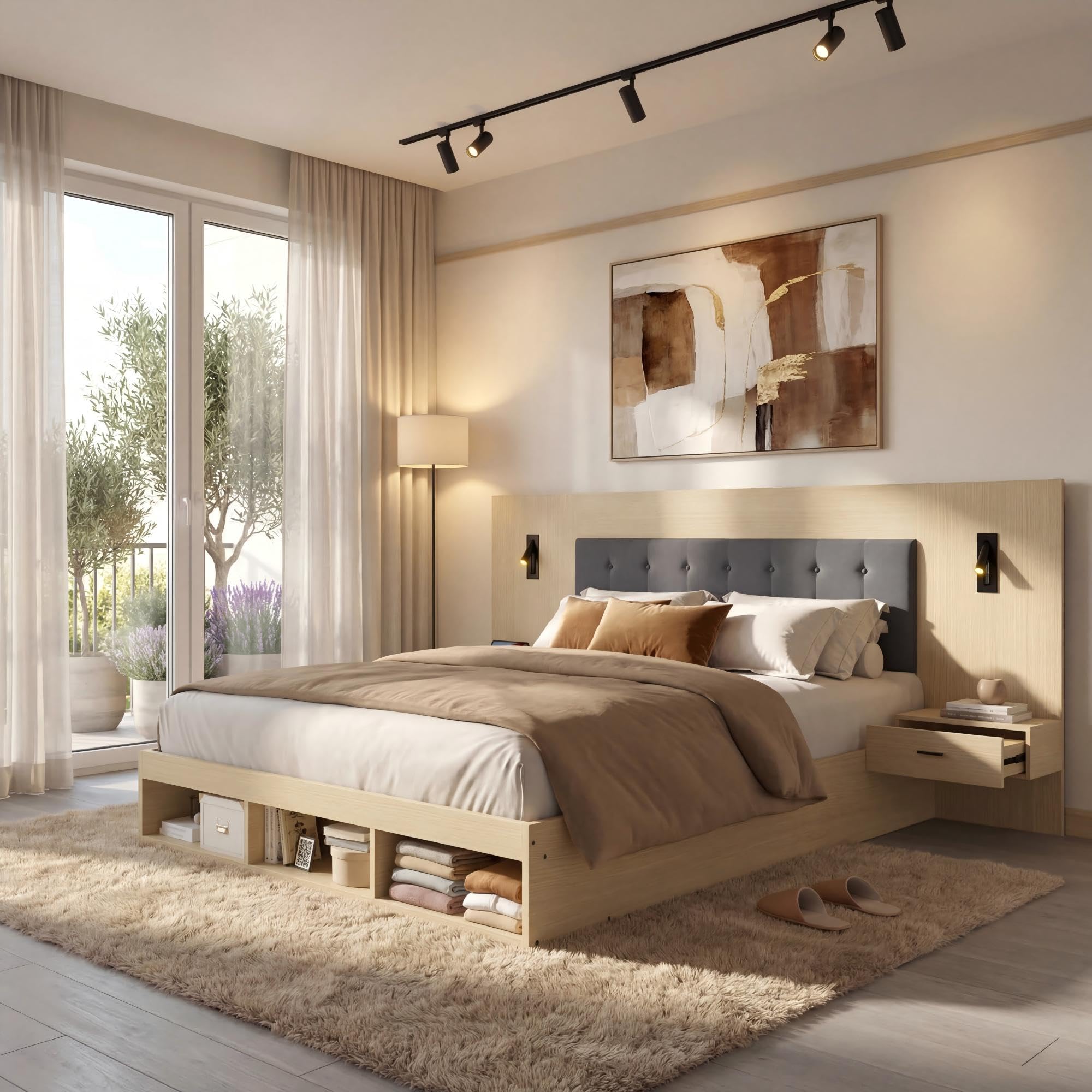 Lit Double 160x200 en Bois avec Rangement, Tête de Lit Rembourrée Intégrées Tables de Chevet Lampes de Lecture et Ports USB/Type-C, Lit avec Rangement pour Chambre Adulte(sans Matelas)