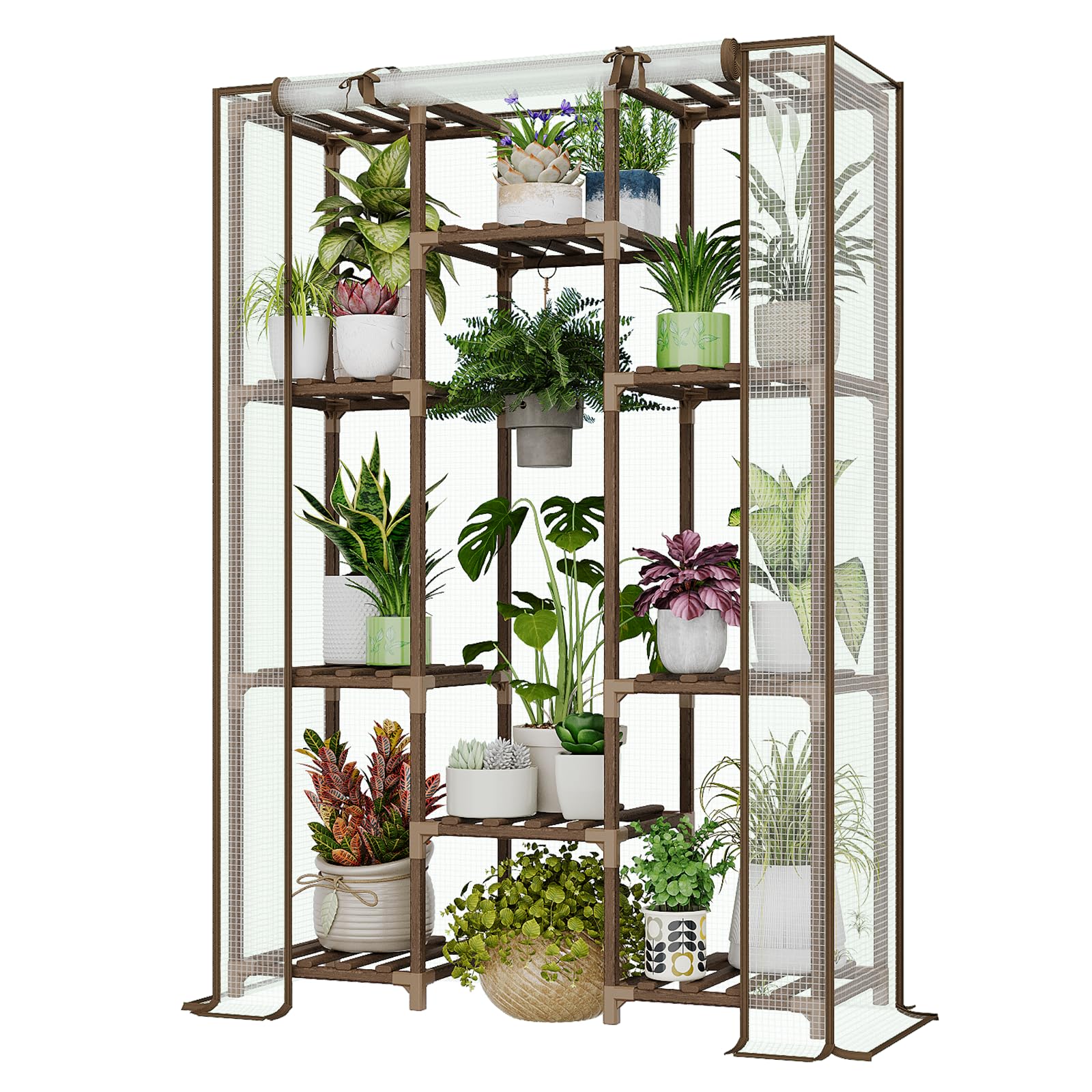 Bamworld Serra da Interno ed Esterno, Serra Alta in Legno per Piante Multiple, 10 Livelli Porta Piante Grande per 11 Vasi, Serra Calda per Angolo Stanza Balcone Giardino Patio