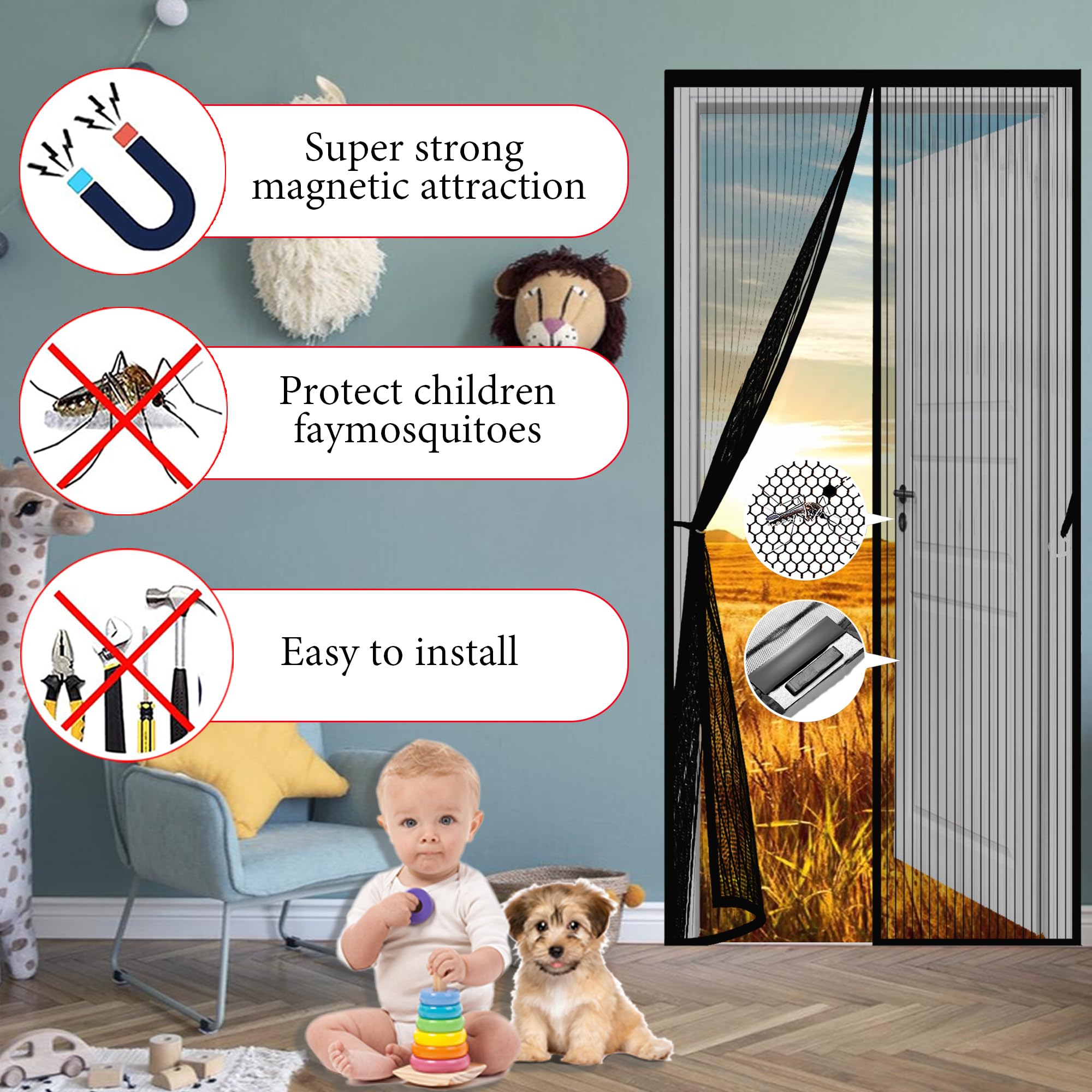 Zanzariere Magnetiche per Porte Finestre su Misura 135 x 208 cm Chiusura Automatica, Facile Installazione Senza Fori Tenda Totalmente Magnetiche per Porta Finestra, Nero