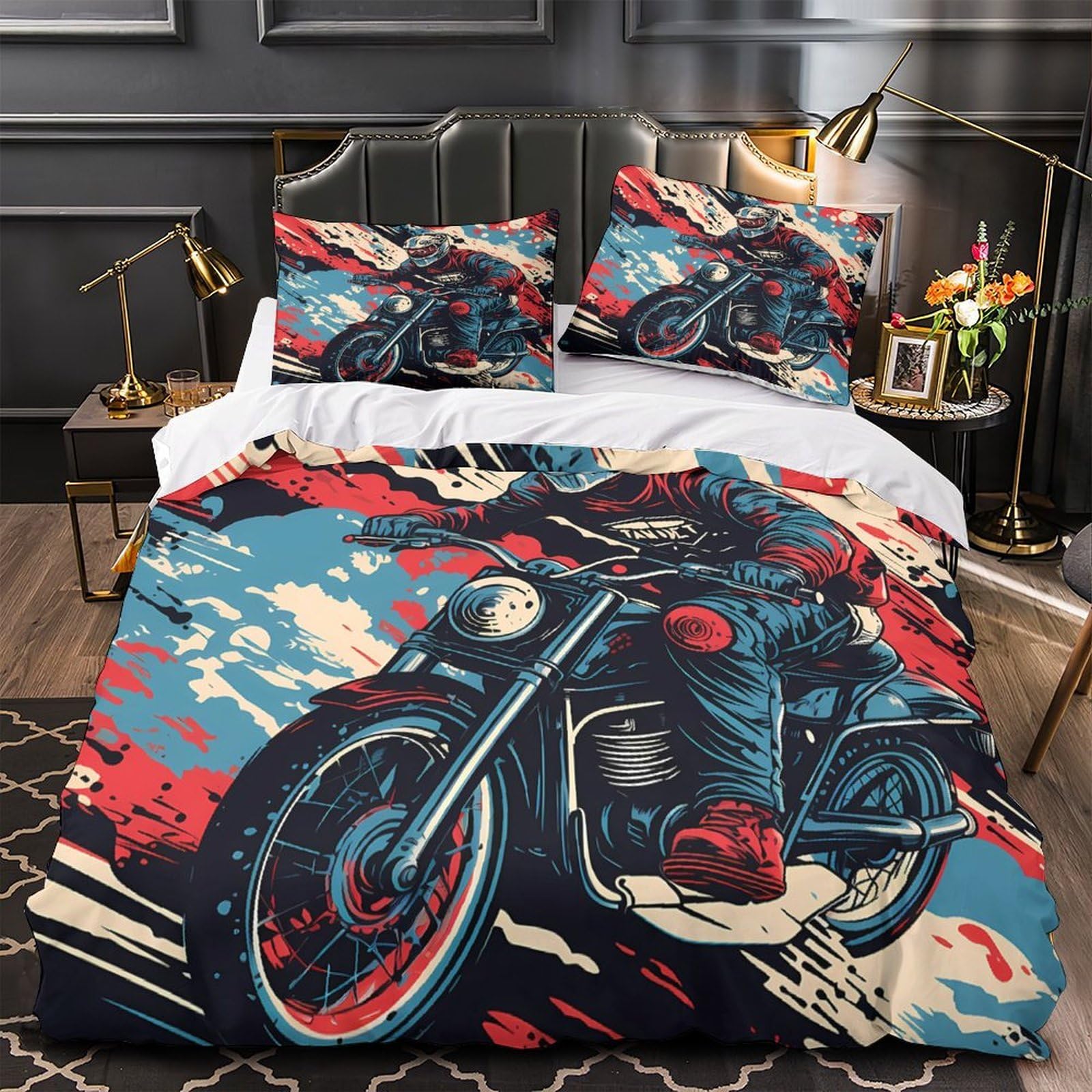Parure de lit motocycliste 140x200 avec housse de couette vintage en microfibre pour lit simple