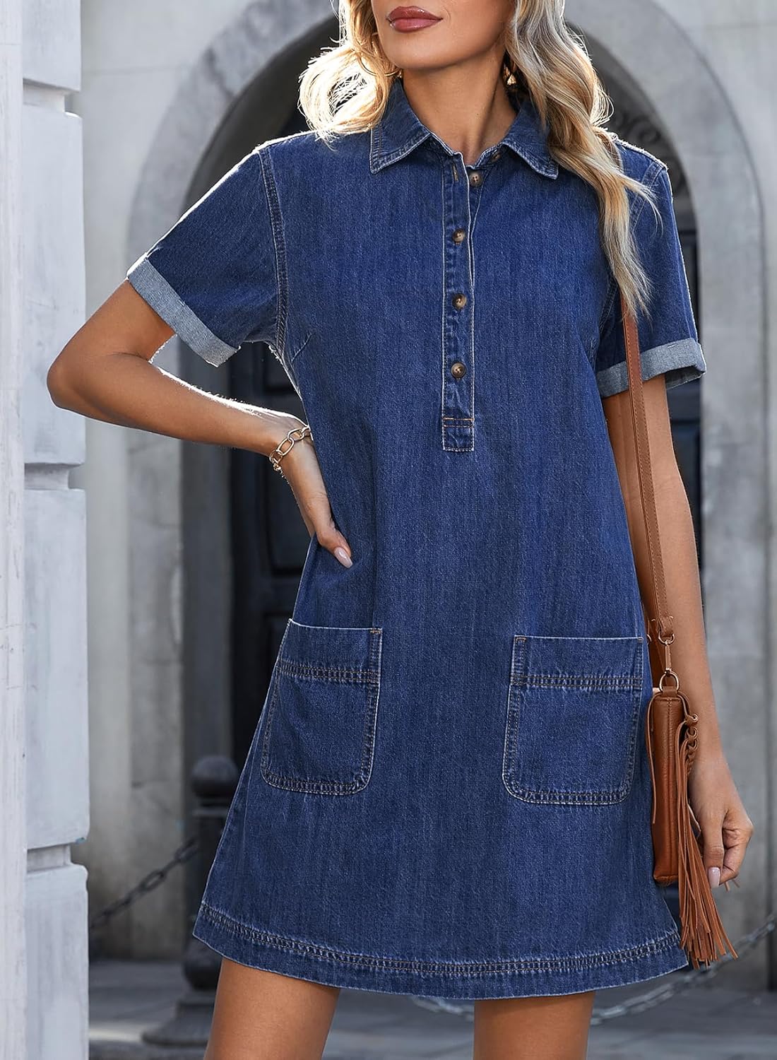 Sidefeel Denim Dress for Women Causal Short Sleeve Collared Button Down Jean Dress Trendy A Line Summer Shirt Dress - Image 5