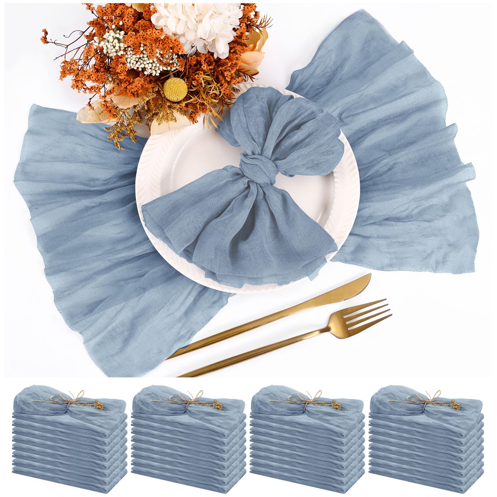 Teruntrue 30 Pack Dusty Blue Cheese Cloth Napkins Gauze Napkins Bulk Set of 30 Washable Boho Dinner Table Napkins for Wedding Party Birthday Party Decorations，20 x 20 Inch