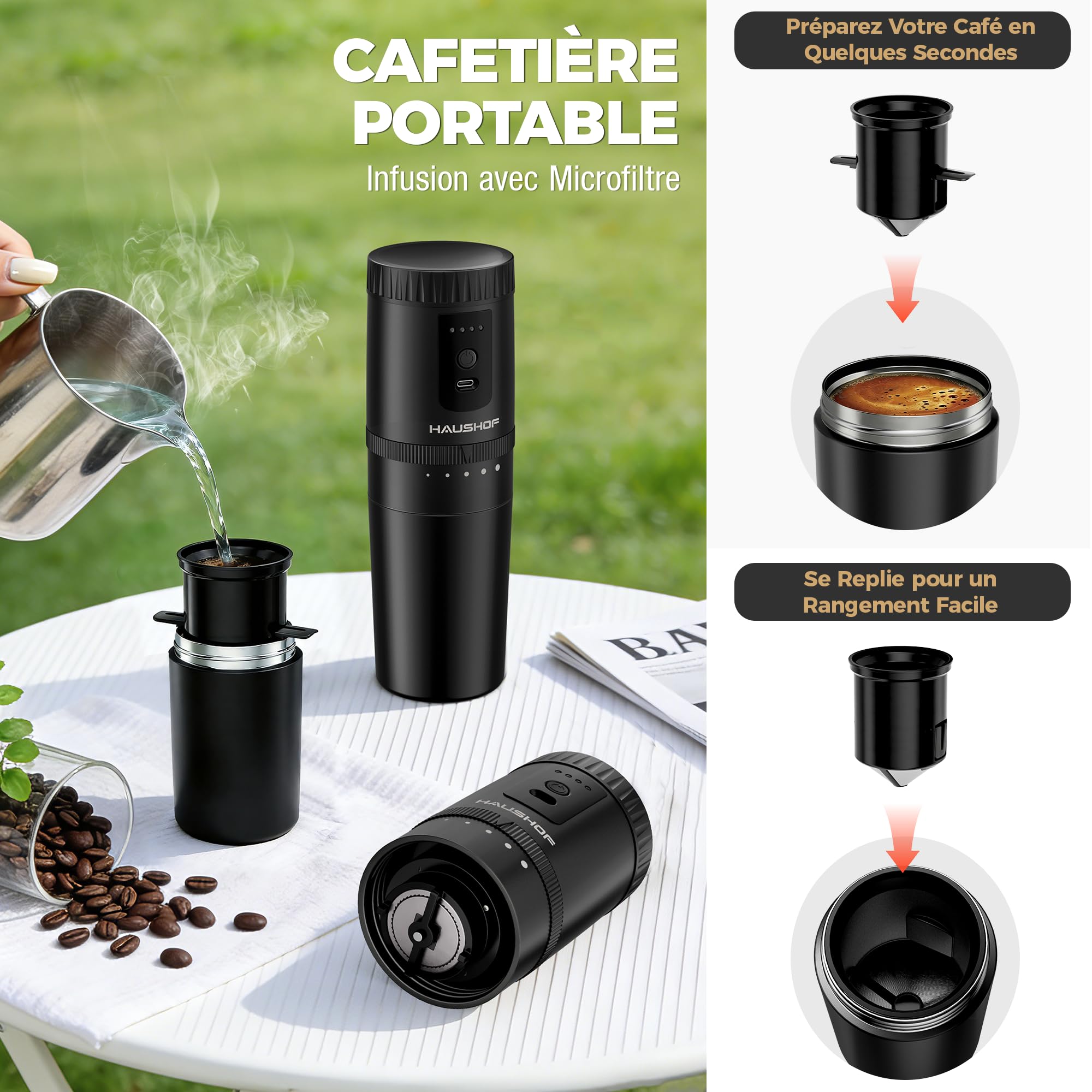 HAUSHOF Machine à Café Portable Tout-en-Un avec Broyeur Intégré, 5 Réglages de Mouture, Rechargeable USB-C, Mug Isotherme 300 ml, Idéale pour Voyage et Camping, Noir