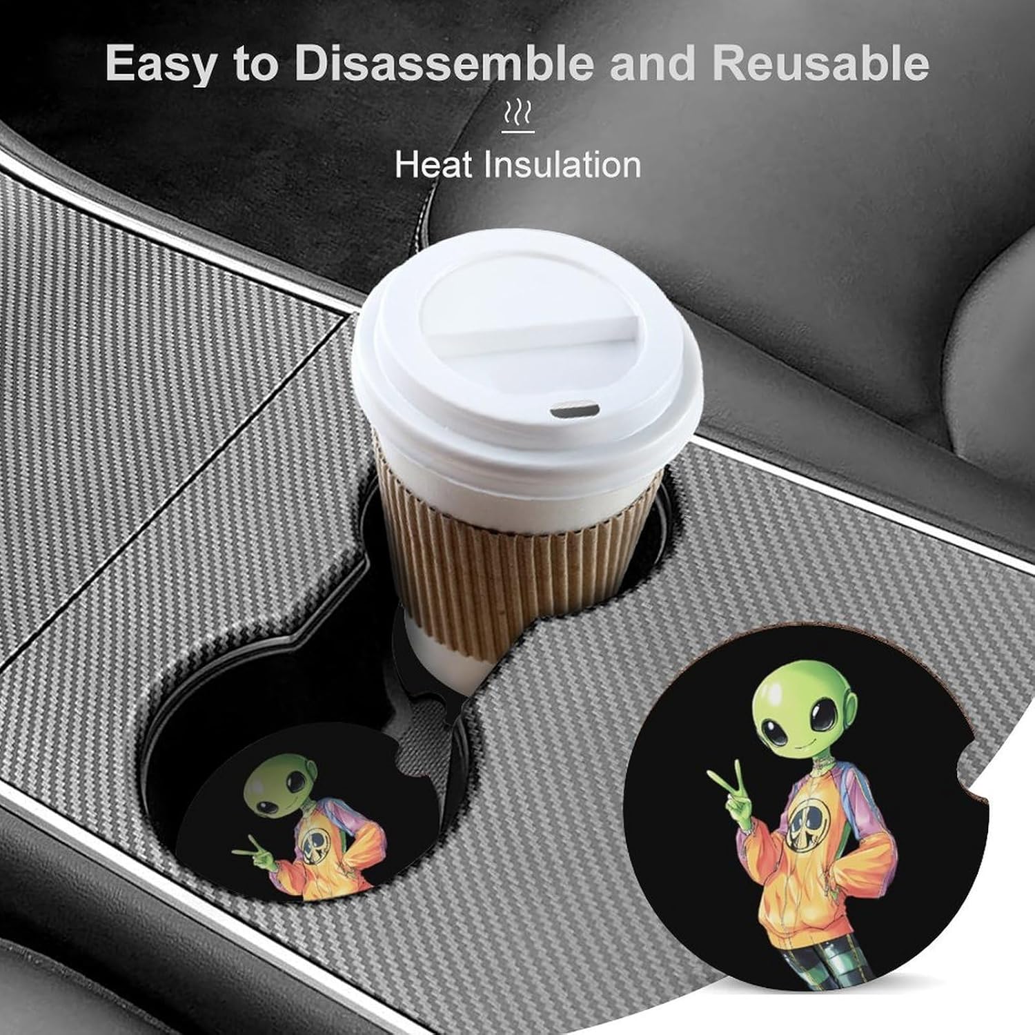 Aliens Peace Sign Cute Car Coasters 2.56 Inch Absorbent Cup Holder for Drinks Auto Interior Accessories