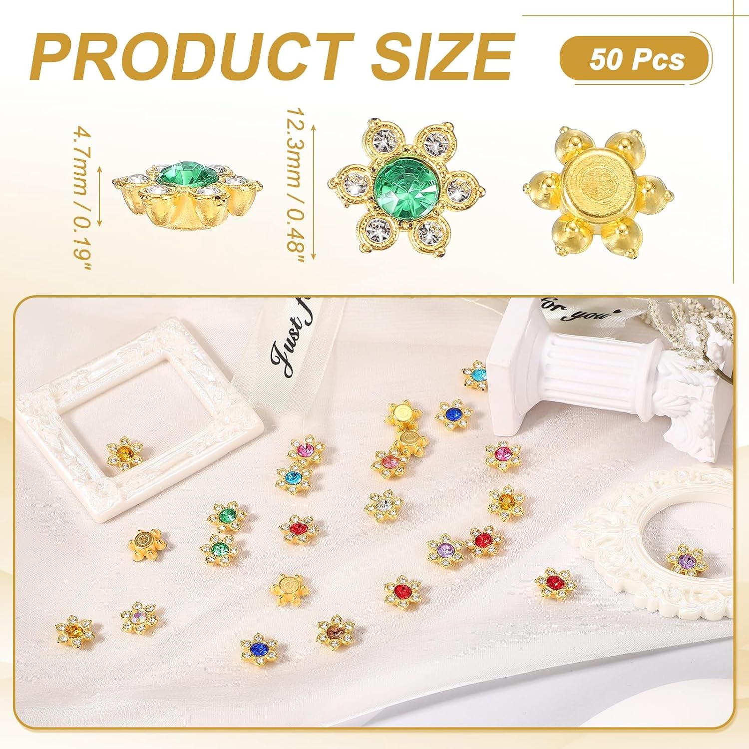 50Pcs 12.3mm Sew on Flower Rhinestones Crystal Glass Gems, Flatback Claw with Metal Base Crystals for Sewing Clothes Shoes Jewelry Belt Accessories, Green