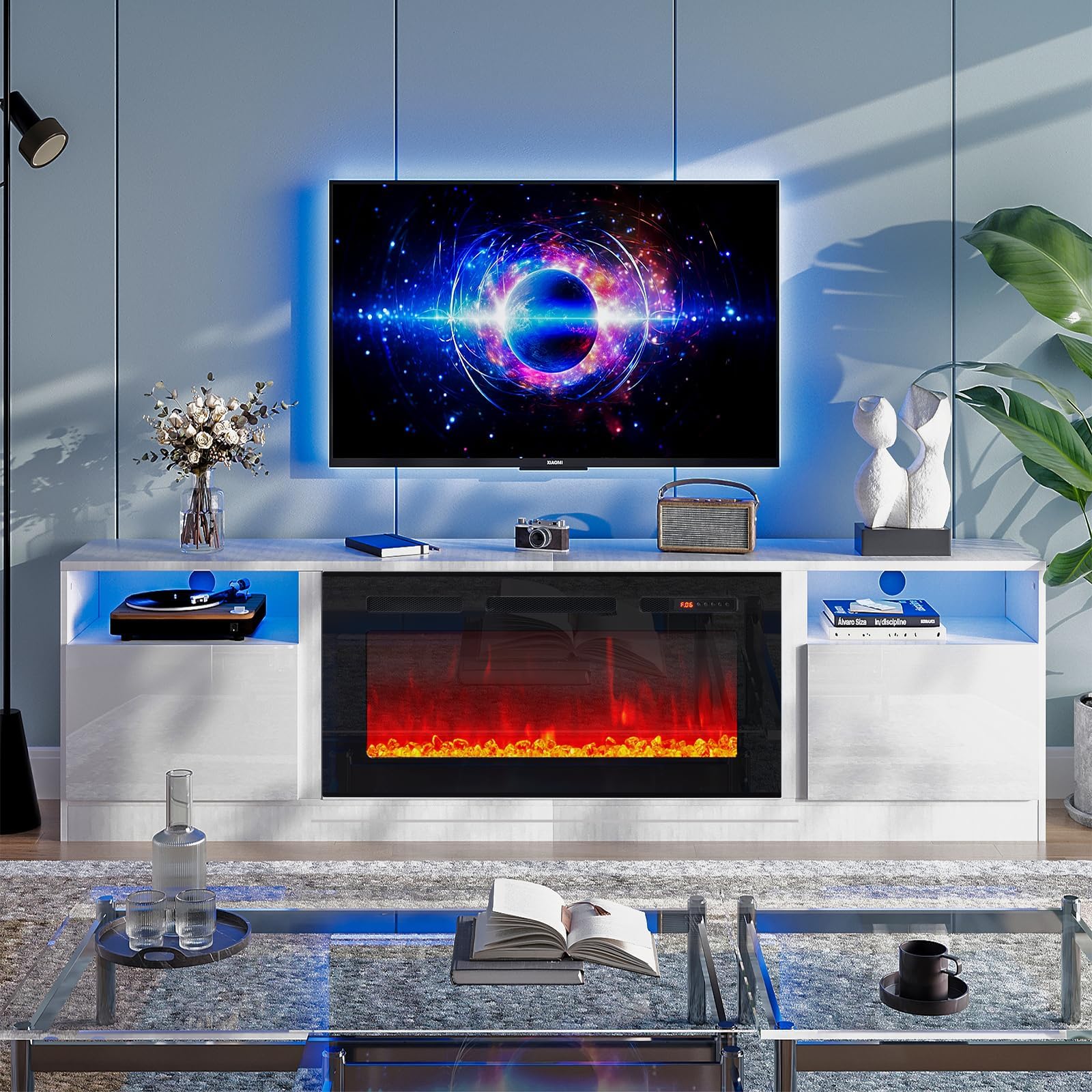 oneinmil 80” TV Stand with 36” Electric Fireplace, Large Modern Media Entertainment Center with Storage Cabinet and 12 Colors LED Lights for TVs Up to