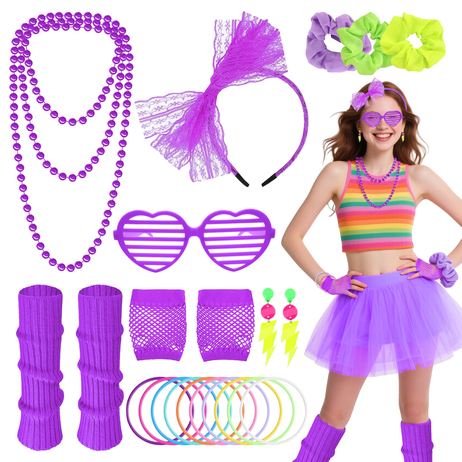 80s Fancy Dress Costumes Set for Women, 1980s Neon Party Costume Accessories with Earrings Bracelet Necklace Leg Warmers Fishnet Gloves Headband Scrunchies, Retro Outfit for 80s Theme Party (purple)