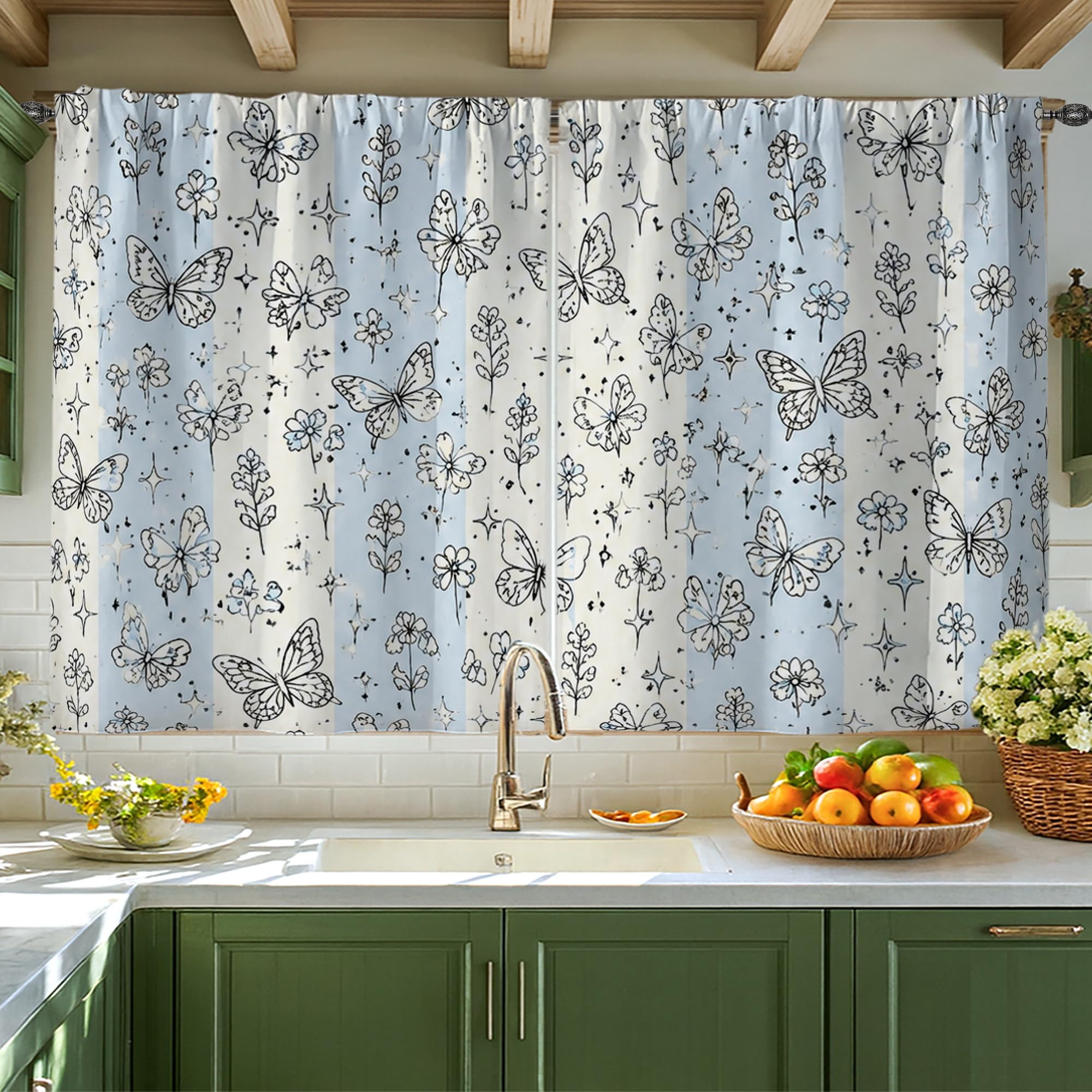 Rideaux de cuisine motif papillon bleu clair pour décoration de fenêtre