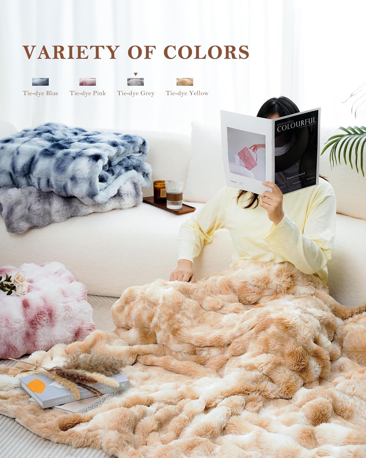 July Tie Dye Pink Bubble Fleece Throw Blanket for Couch, Fluffy Decorative Faux Rabbit Fur Throw, Reversible Cozy Plush Blanket for Bed, 50" x 60", TD-PK5060 - Image 7