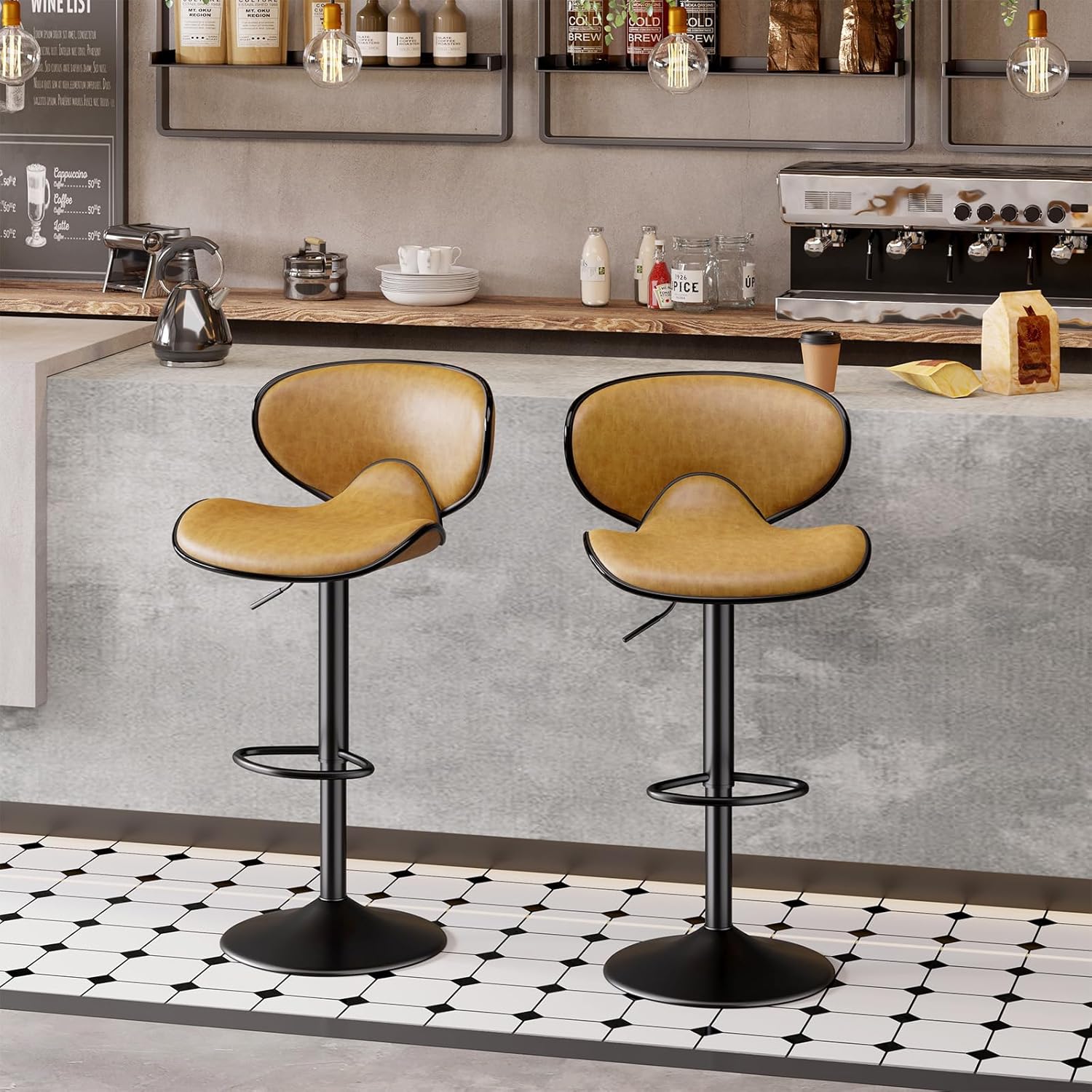 Nalupatio Bar Stools Set of 4, Faux Leather Bar Stools with Back, Chic Swivel Counter Stools with Footrest, Adjustable Kitchen Stools for Kitchen and Bars, Yellow