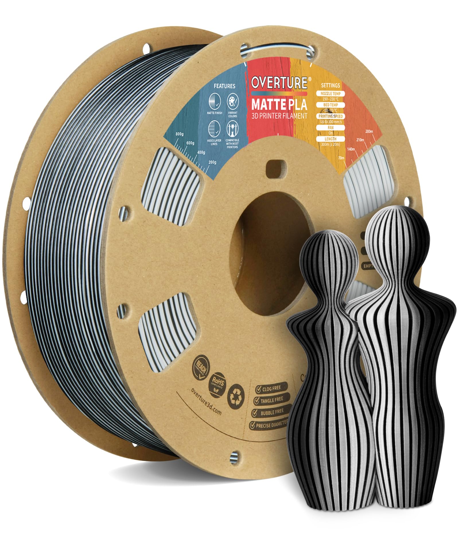 OVERTURE MATTE PLA Filamento PLA opaco da 1.75mm, bobina da 1kg, Precisione Dimensionale +/- 0.02 mm, per Stampante 3D (Opaco Nero-Bianco)