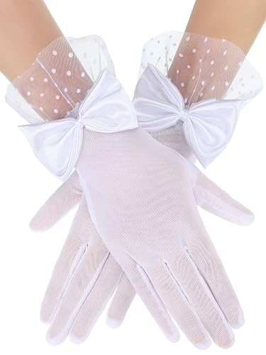 Homeaura White Lace Gloves for Women - Breathable Fabric, Elegant Design, Comfort Fit Mesh Material | Bow Accent | Wedding Ready | Party Use | Soft Fit | Hand Wash