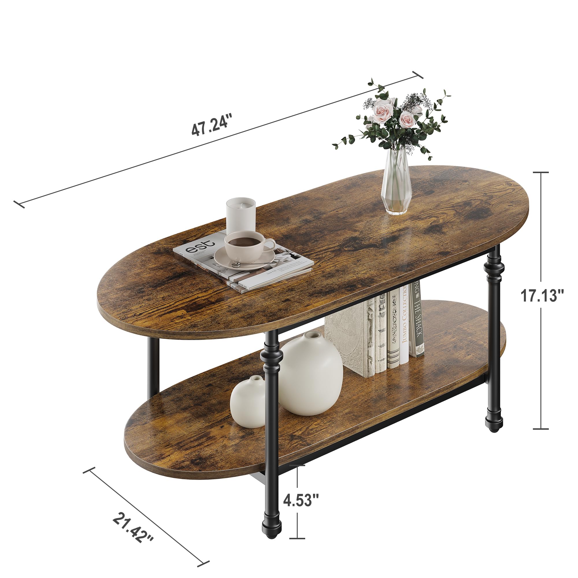 Mesa de centro ovalada de madera de 2 niveles – Patas metálicas estilo columna romana – Estante abierto – Diseño industrial rústico para salón, dormitorio u oficina – Mesa auxiliar vintage – vintage