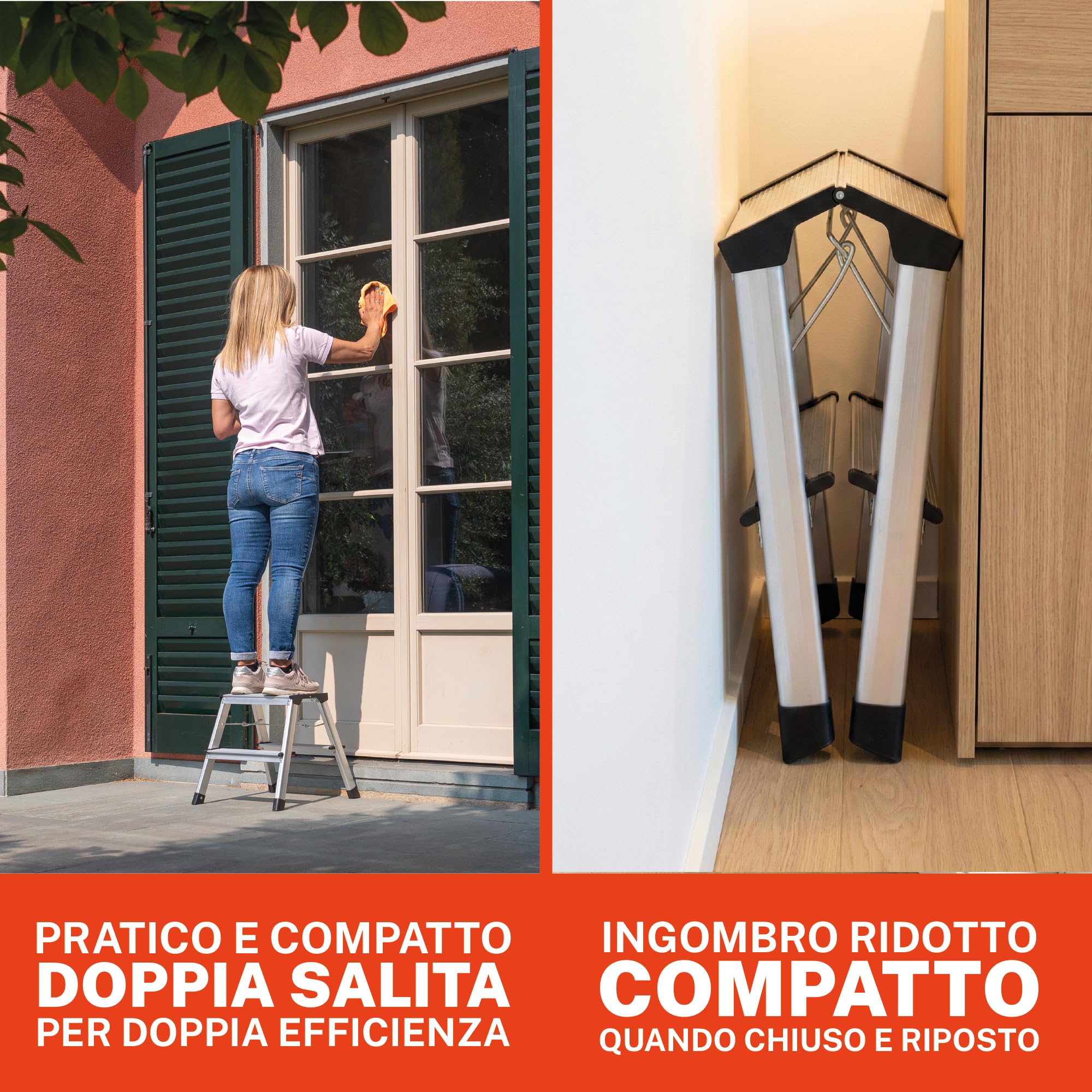 GIERRE Scaletta 2 gradini Doppia Salita 46H x 41 cm Scaletta Pieghevole con Piedini Antiscivolo Gradini da 8 Cm e Tiranti di Sicurezza Scala Alluminio Salvaspazio Perfetto per i Lavori Fai da Te