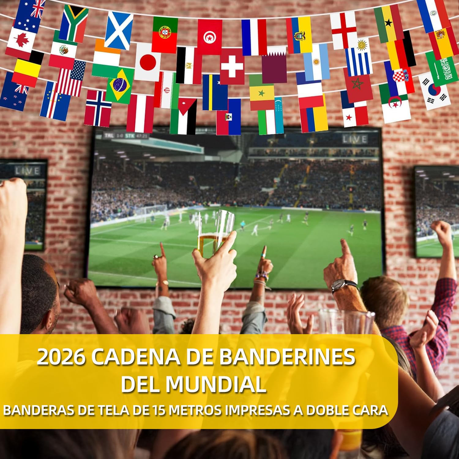 Banderines de Fútbol para Decoración de Fiestas Copa del Mundial 2026, Set de Banderas 48 Países del Mundo, Guirnalda de Banderas para Decoración de Fiestas de Jardín (15m) - 3