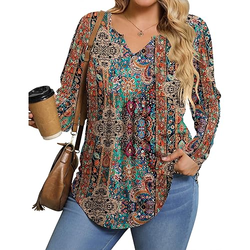 IN'VOLAND Womens Plus Size Long Sleeve Shirts Fall Tunic Top V-neck T-Shirt Button Up Dressy Casual Blouse 1X-5X