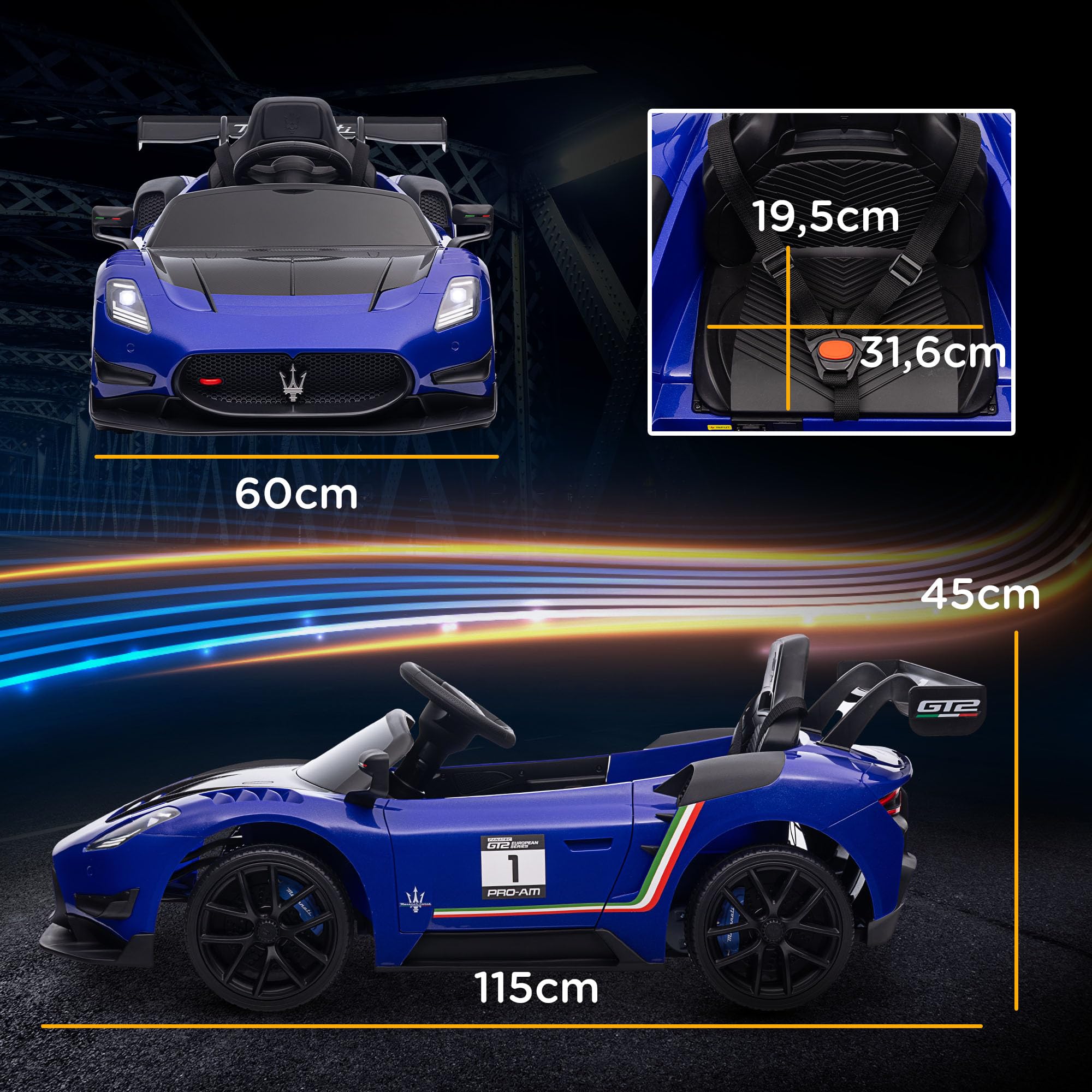 AIYAPLAY Kinder Elektroauto Maserati GT2 12V Doppelmotor 3-5 Jahre Blau | 2,4GHz Fernbedienung, Musik, Hupe, 4 Stoßdämpfende Räder, Lichten, Stützräder, 3-5 km/h, Elektro Kinderauto