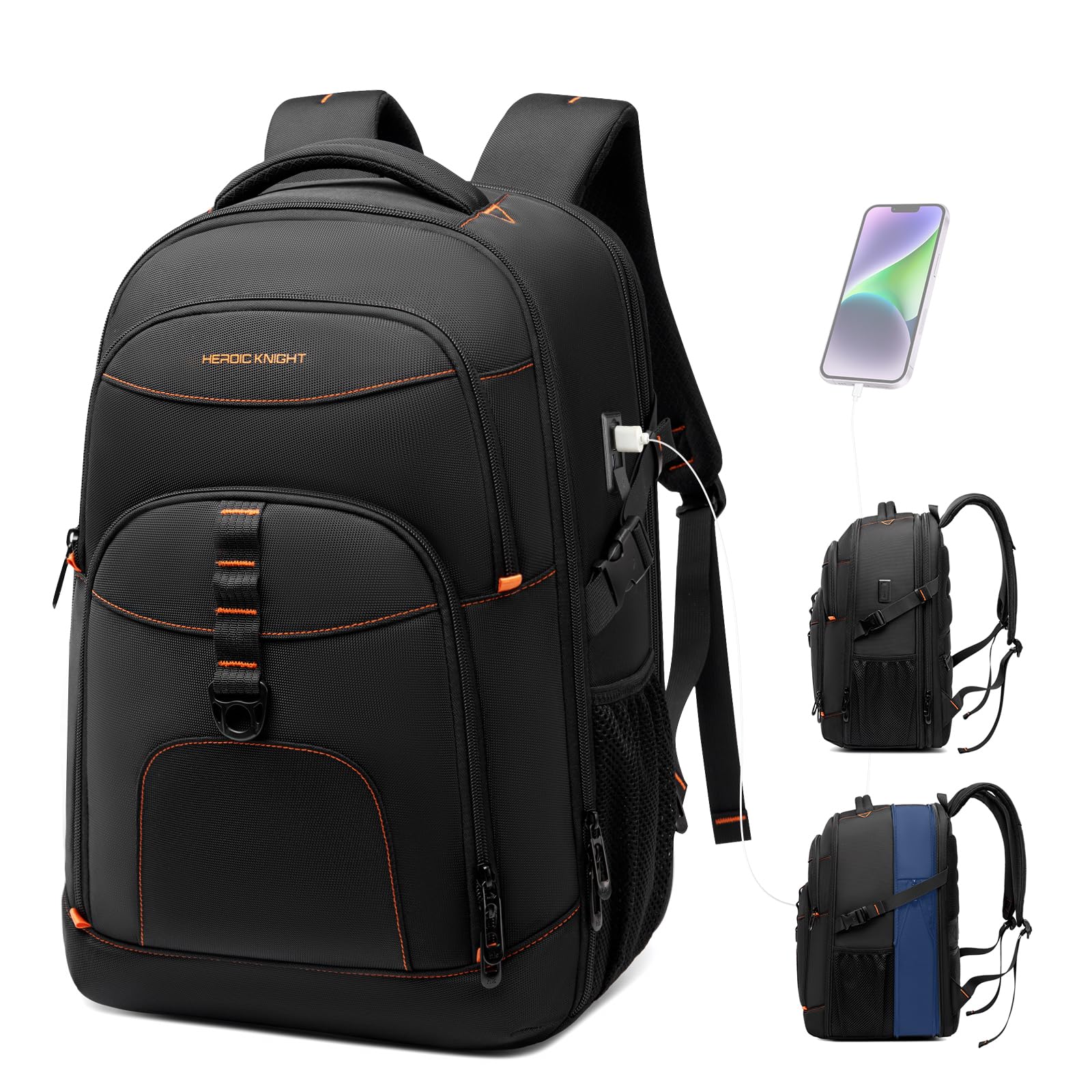 Zaino Viaggio Espandibile 50L Uomo Donna, Zaino Porta PC 17,3 Pollici | Zaino Cabina Aereo con Porta USB, per Business, Università e Weekend, Nero