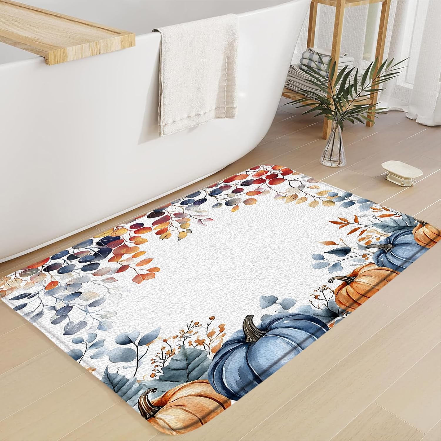Fall Pumpkin Bath Mat Autumn Eucalyptus Leaves Thanksgiving Pumpkins Harvest,Orange Blue 24"x60" Microfiber Memory Foam Bathroom Kitchen Toilet Floor Decor Mat