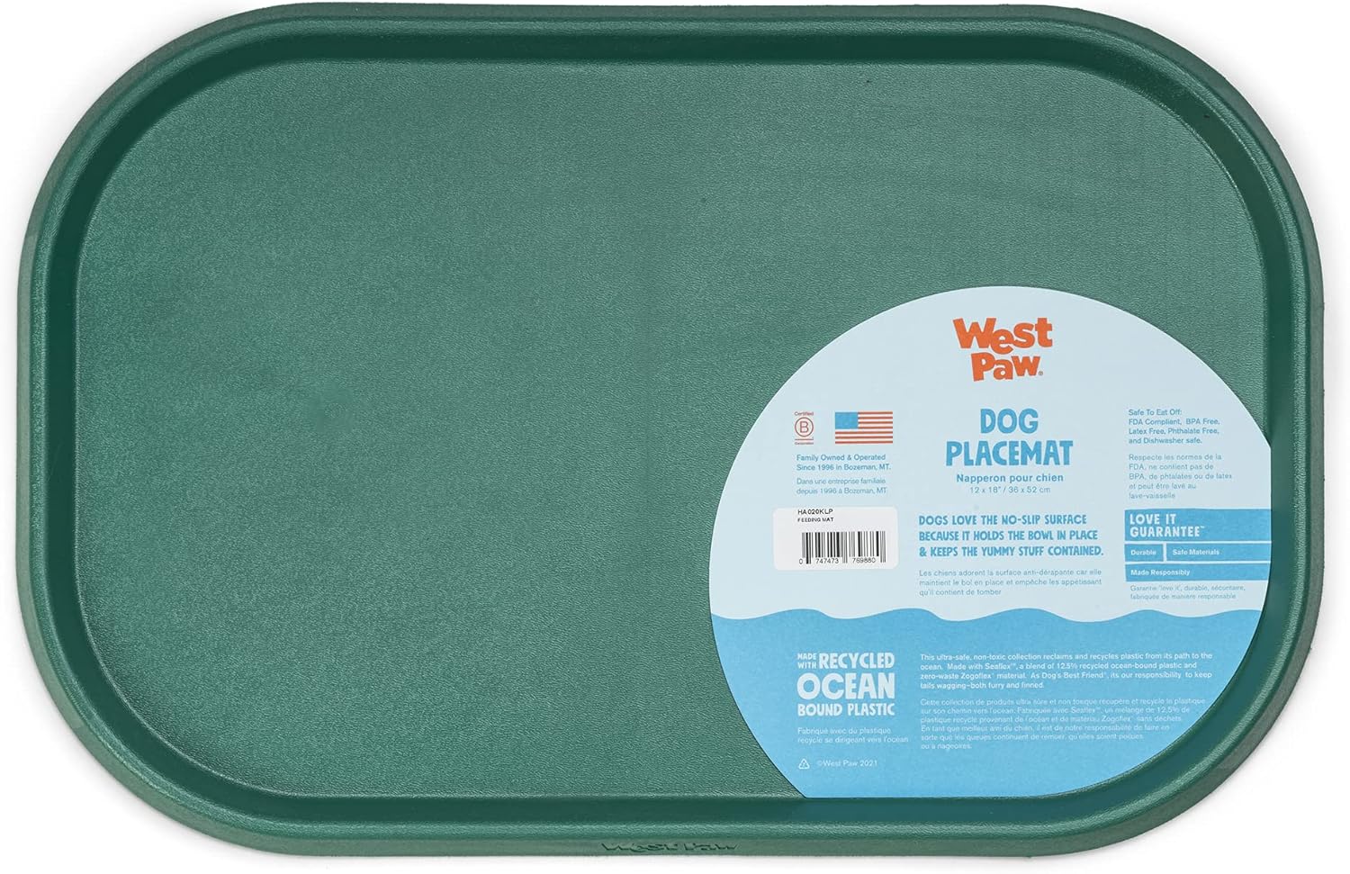 West Paw Seaflex Doggie Placemat  Less Mess Placemats for Dogs, Cats, Pets for Quiet Feeding  Eco-Friendly  Dishwasher Safe, Non-Toxic, Non-Slip  Raised Edges to Hold Dog Bowls, Kelp