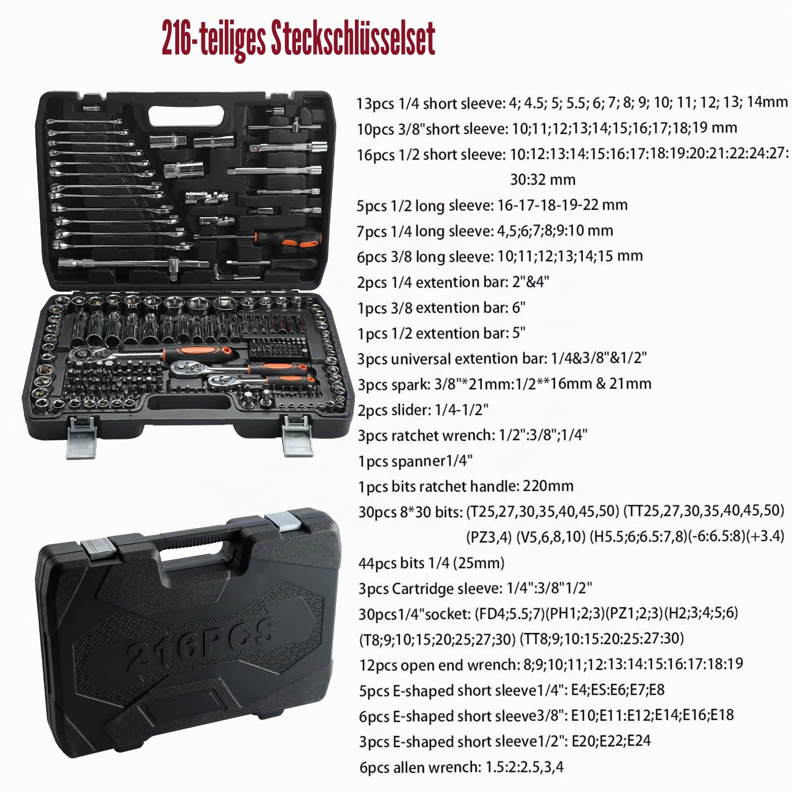 Steckschlüsselsatz, 216 tlg, 1/2"+1/4"+3/8" Zoll Knarrenkasten Ratschenkasten, CR-V Steckschlüssel-Satz, Werkzeugkoffer gefüllt mit Ratschen, Steckschlüssel und Bitsatz