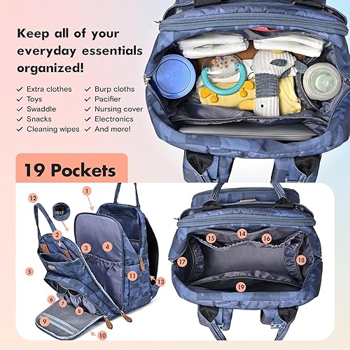 Miniatura 3 de Dikaslon - Mochila para pañales con cambiador portátil, funda para chupete y correas para cochecito, bolsas de bebé unisex grandes para niños y