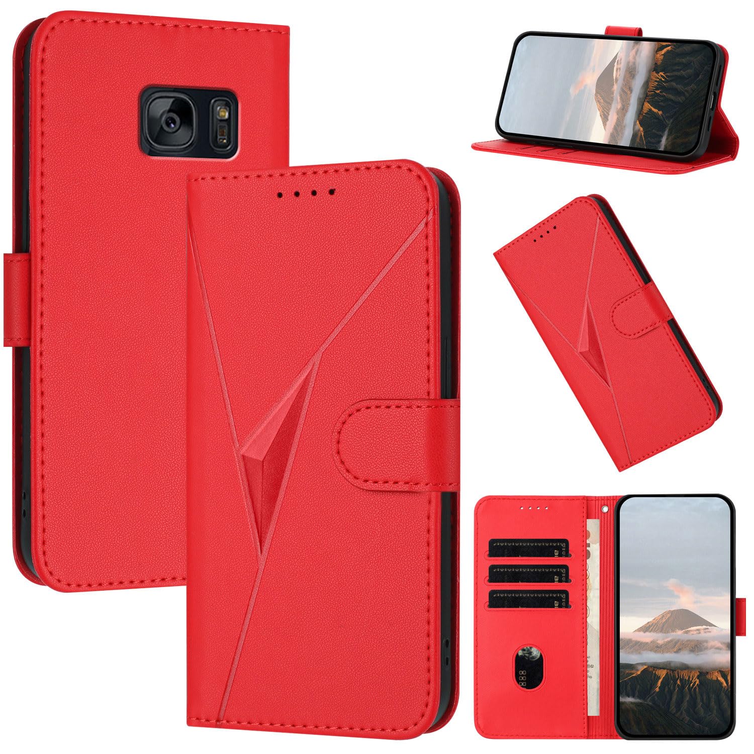 Cover Compatible with Samsung Galaxy S6 Edge Magnetic Closure [PU Leather + Shell] Card Slot Flip Stand Lanyard Red