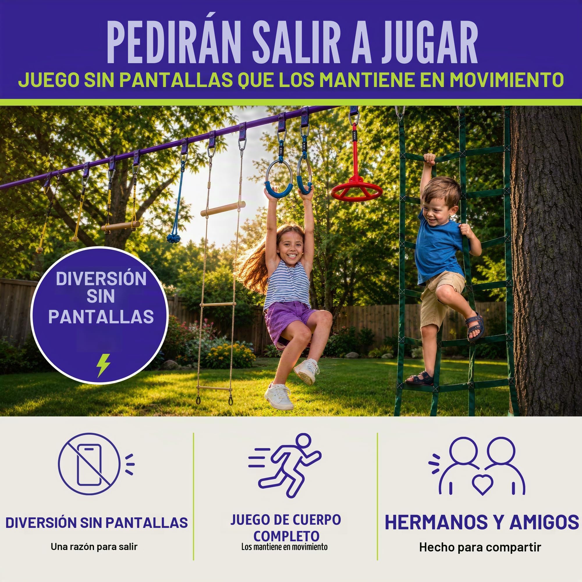 Trailblaze Slackline Ninja Warrior Obstacle Course para niños, 15 m Ninja Slack Line Anillos de gimnasio, barras de mono, protectores de árboles, diversión perfecta al aire libre para niños