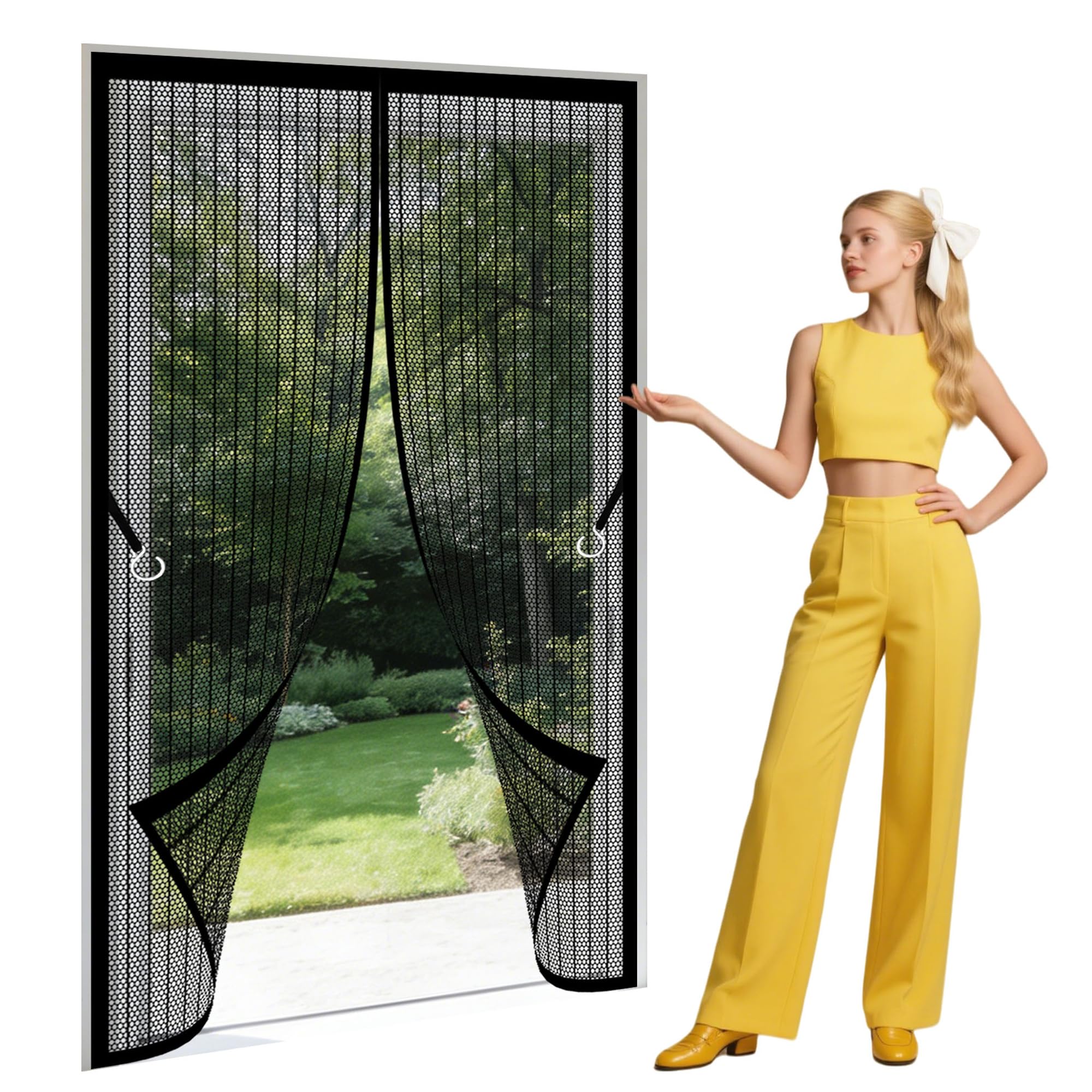 Polyester Magnetic Door 136 x 193 cm Powerful Magnets that Snap Shut Automatically Fly Insect Screen Hands Free Auto Closing for Home, Bedroom, Living Room, Kitchen, Patio, Black