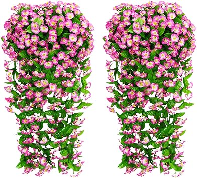 2PCS Artificial Morning Glory Hanging Flowers UV Resistant Faux Silk Blue Vines for Indoor Outdoor Garden Porch Wall Wedding Decoration Realistic Long Vines for Patio Planter Pink