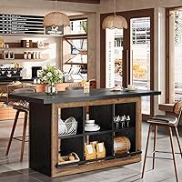 Tribesigns 62.6" Bar Table with Storage: 6 Cubbies, Metal Footrests, Counter Height Pub Table for Home Bar, Kitchen, Dining - Brown & Black