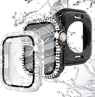 WINGLE 2 Pack for Waterproof Apple Watch Screen Protector Case Series 9 8 7 45mm, [2 in 1] iWatch Hard PC Bling Diamond Face Cover Women Front & Back Bumper Cases with Tempered Glass, Black/Clear