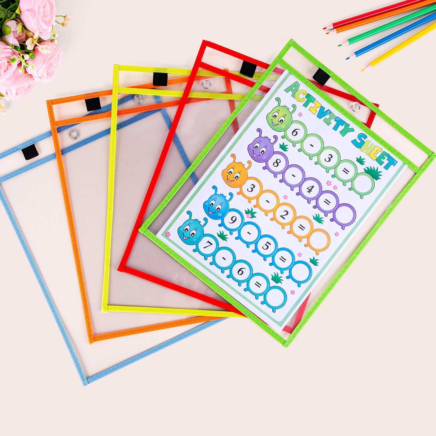 AKONEGE 50 Pack Oversized Dry Erase Pocket Sleeves - 10 x 13 Inch Ticket Holders Reusable Clear Plastic Sleeves Sheet Page Protectors for School Teacher Supplies & Classroom Organization, 5 Colors