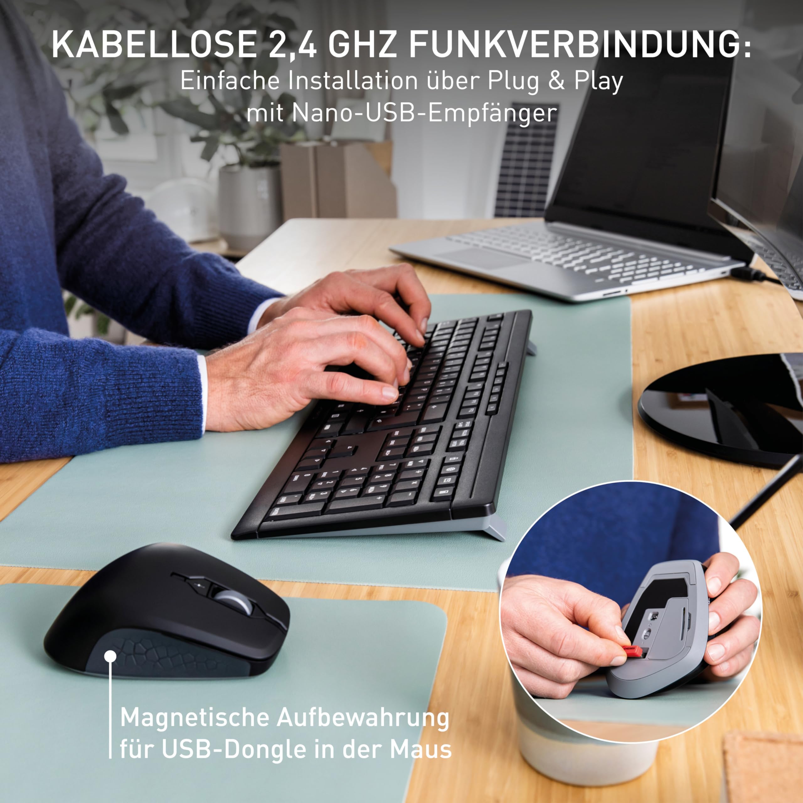 CHERRY Stream Desktop Comfort, Kabelloses Tastatur-Maus-Set, Deutsches Layout (QWERTZ), 2,4 GHz Funk, Leise Tasten, Ergonomische Rechtshändermaus, Schwarz