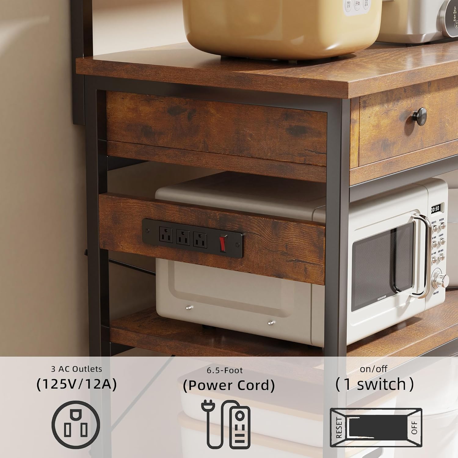 Mexin Bakers Rack with Power Outlets, 5-Tier Microwave Oven Stand with 2 Drawers, Kitchen Stand Coffee Bar Table with Storage, Heavy Duty Kitchen Shelves(Brown)