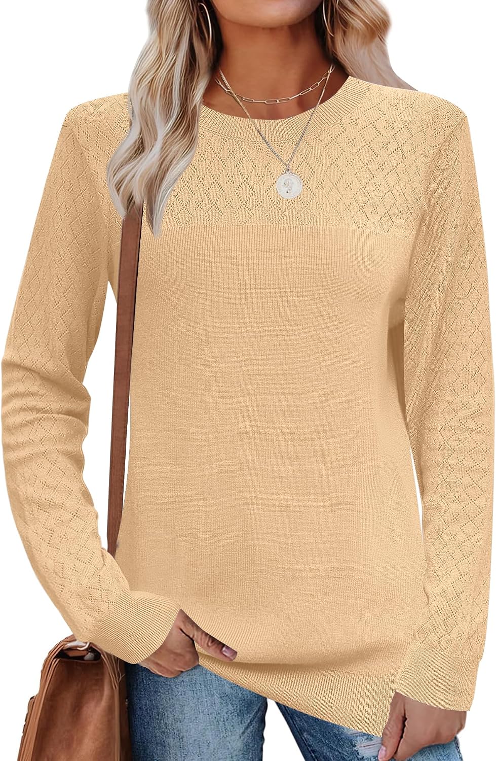 LOMON Sweaters for Women Casual Knit Long Sleeve Crewneck Lightweight Pullover Sweater Womens Hollow Out Tops for Women