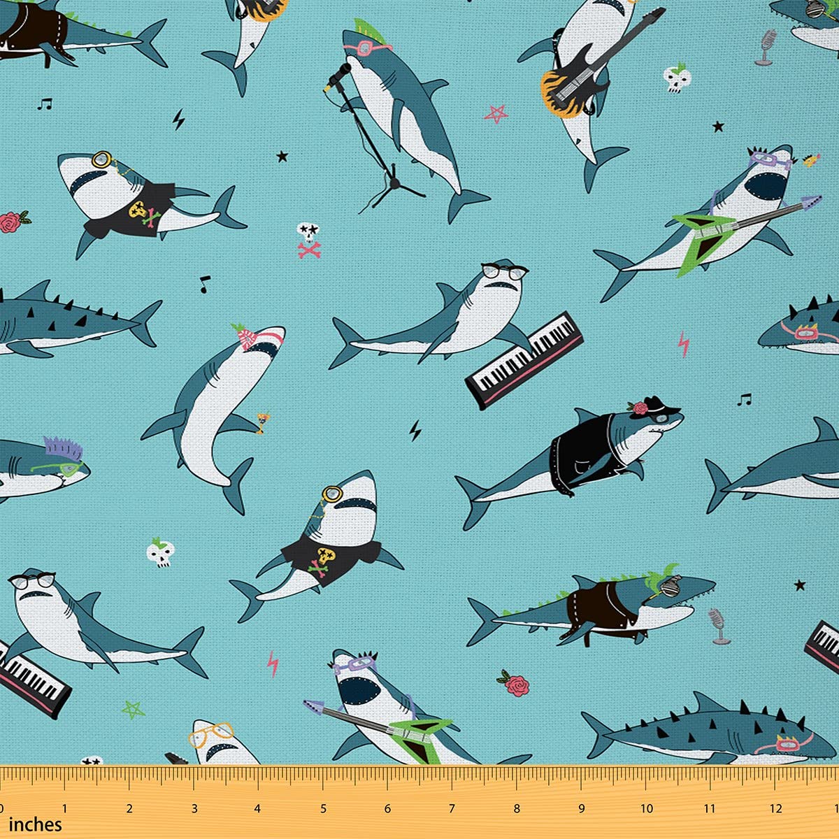 Richhome Multi 12 Cartoon Shark Fabric By The Yard Hippie Graffiti Marine Life Home Diy Fabric By The Yard Guitar Piano Music Notes Decorative Fabric For Upholstery And Home Accents,3 Yards