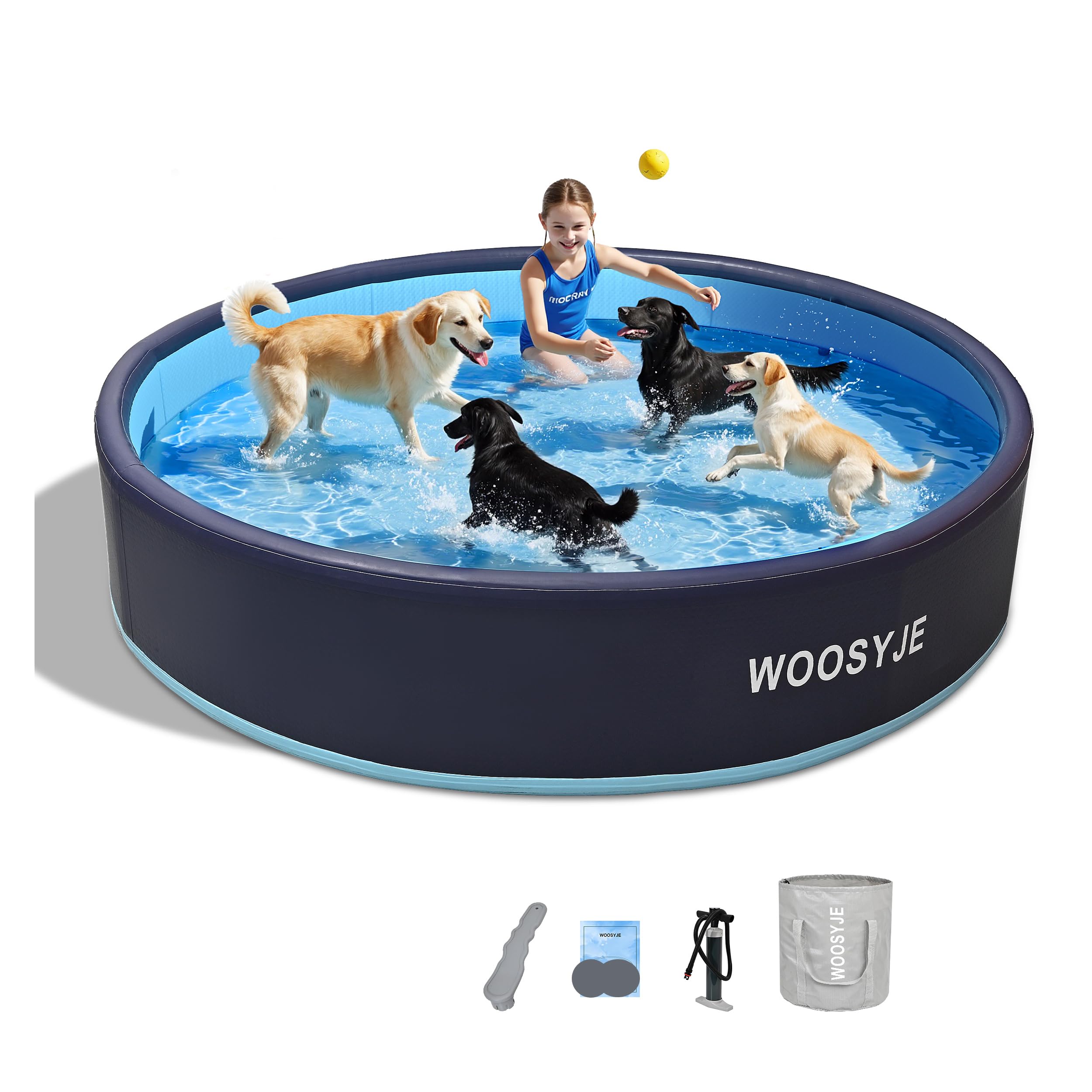 WOOSYJE Inflatable Dog Pool Foldable Swimming Pool Portable Bath Tub for Kids, Dog, Cat Indoor and Outdoor in Hot Summer Blue,63