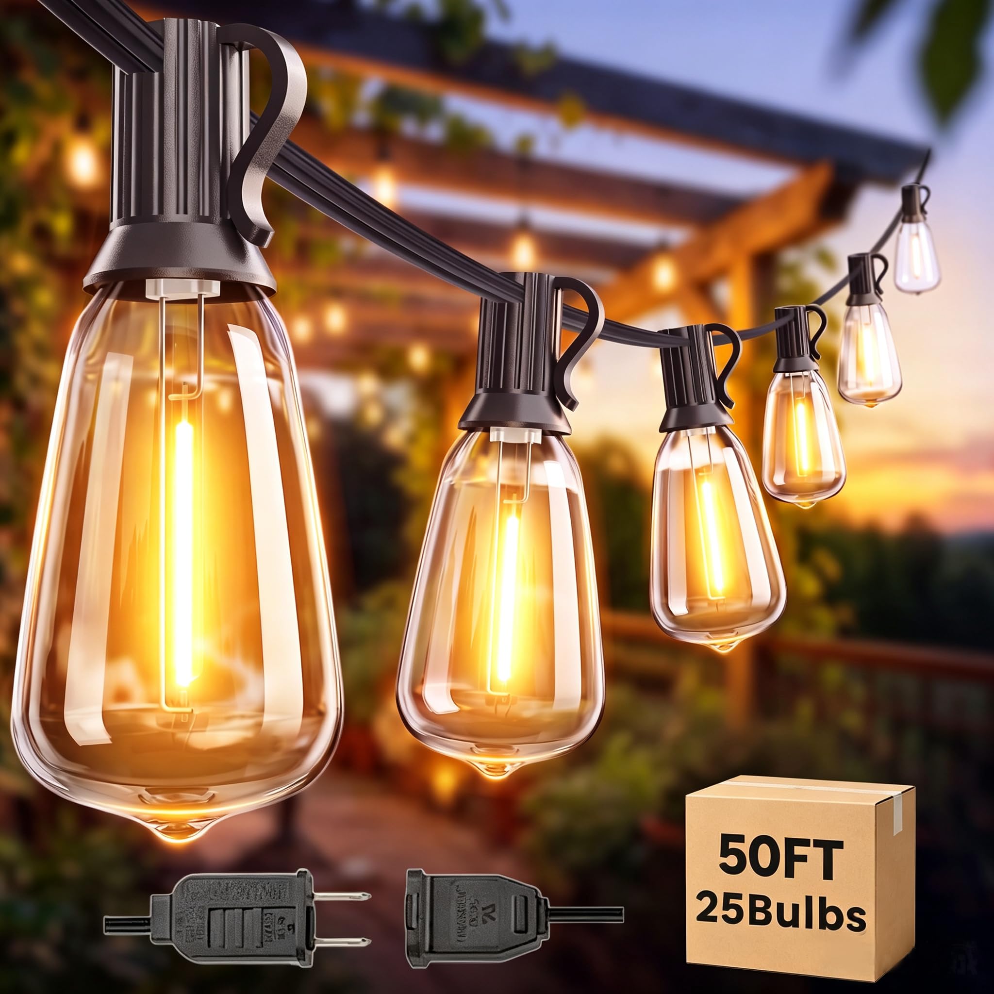 Cadena de luces LED para exteriores de 50 pies con 25 + 2 bombillas de repuesto, casquillo E12, blanco cálido de 2700 K, para patio, boda, camping, porche, cubierta, cenador