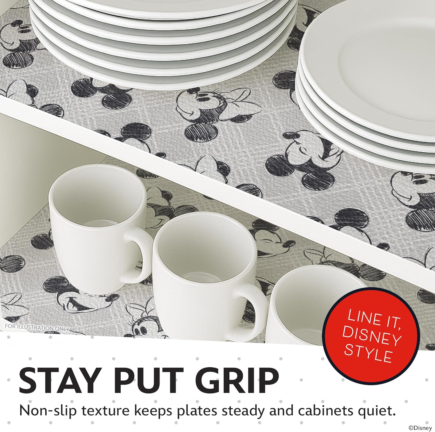 Disney Non Adhesive Shelf Liner – 18”x 10 ft Water-Resistant Drawer Liners for Kitchen Cabinets, Pantry, Fridge & Dressers – Easy Cut Cabinet Liner Roll- Mickey Mouse, Stitch & Winnie The Pooh