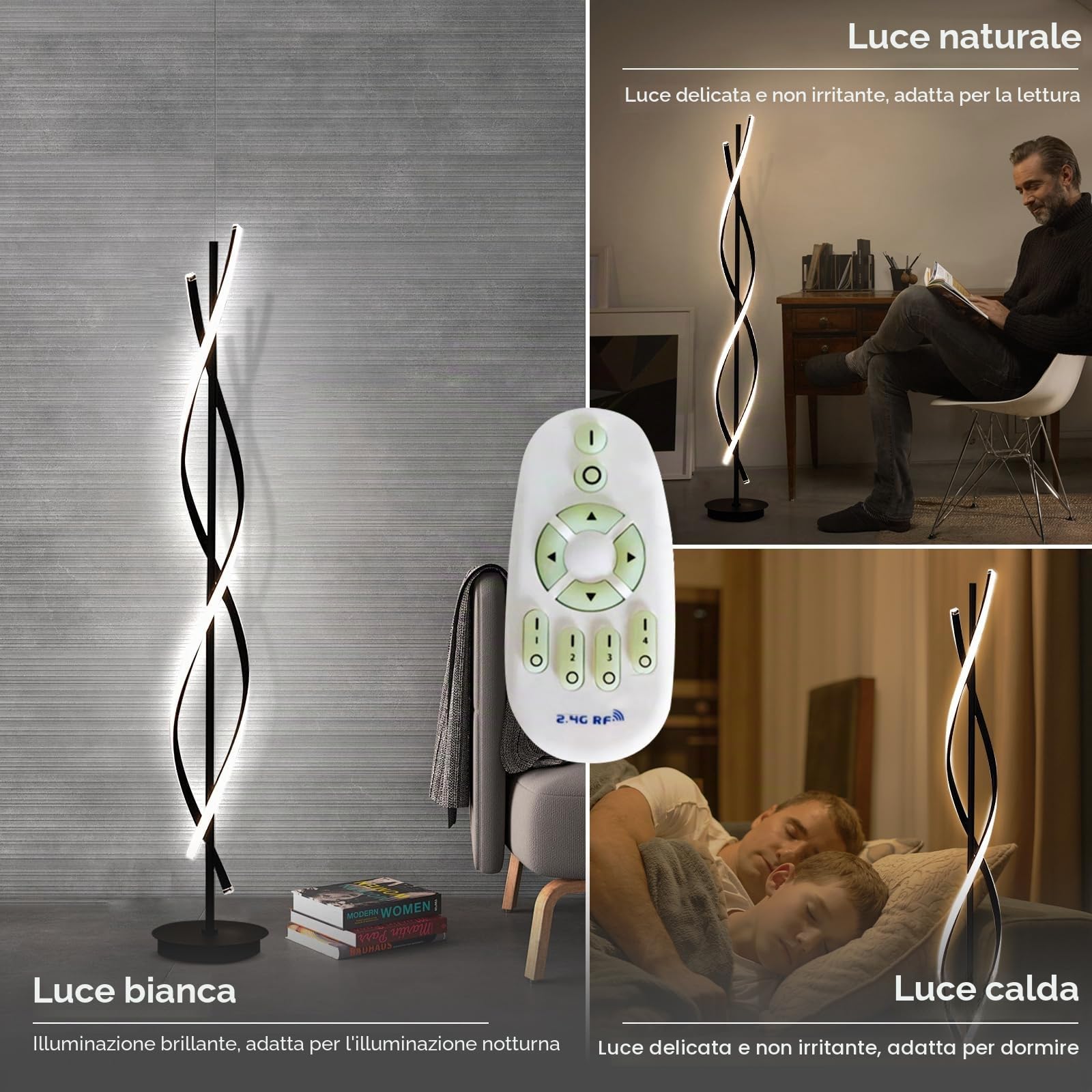 Lampada da terra a LED per soggiorno, dimmerabile, moderna, a spirale, per soggiorno, camera da letto, cameretta dei bambini (155 cm, nero)