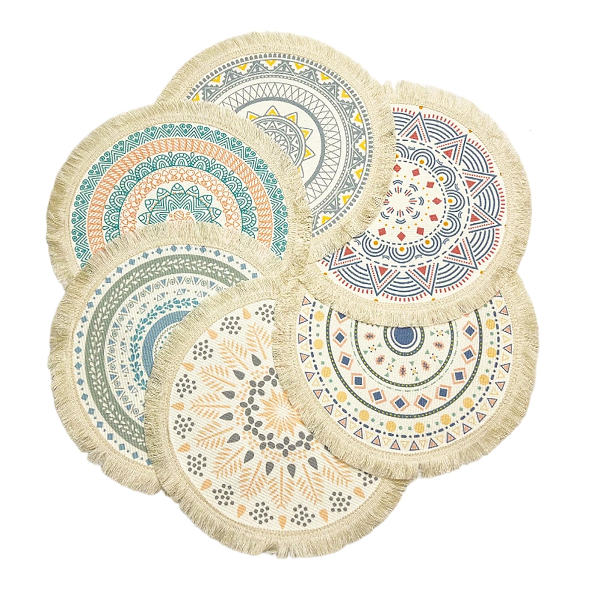 Set de table coton lavable résistant chaleur motif mandala bohème avec franges