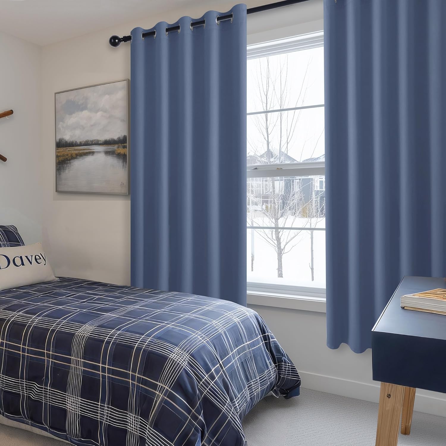 Hiasan Blackout Curtains for Bedroom, 60 x 63 Inches Length - Thermal Insulated & Light Blocking Window Curtains for Living Room/Kids Room, 2 Drape Panels Sewn with Tiebacks, Blue Haze