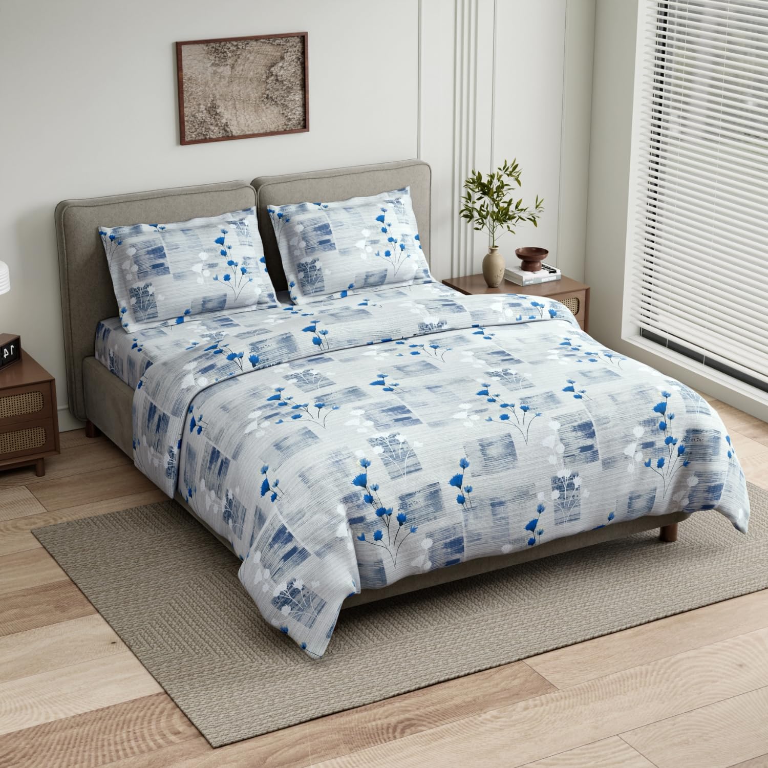 Haus & kinder Double Bedsheet for Queen Size Bed | 90 x 100 Inches 144 TC Cotton Bedsheet for Double Bed with 2 Pillow Covers - Blue Flower Sketch