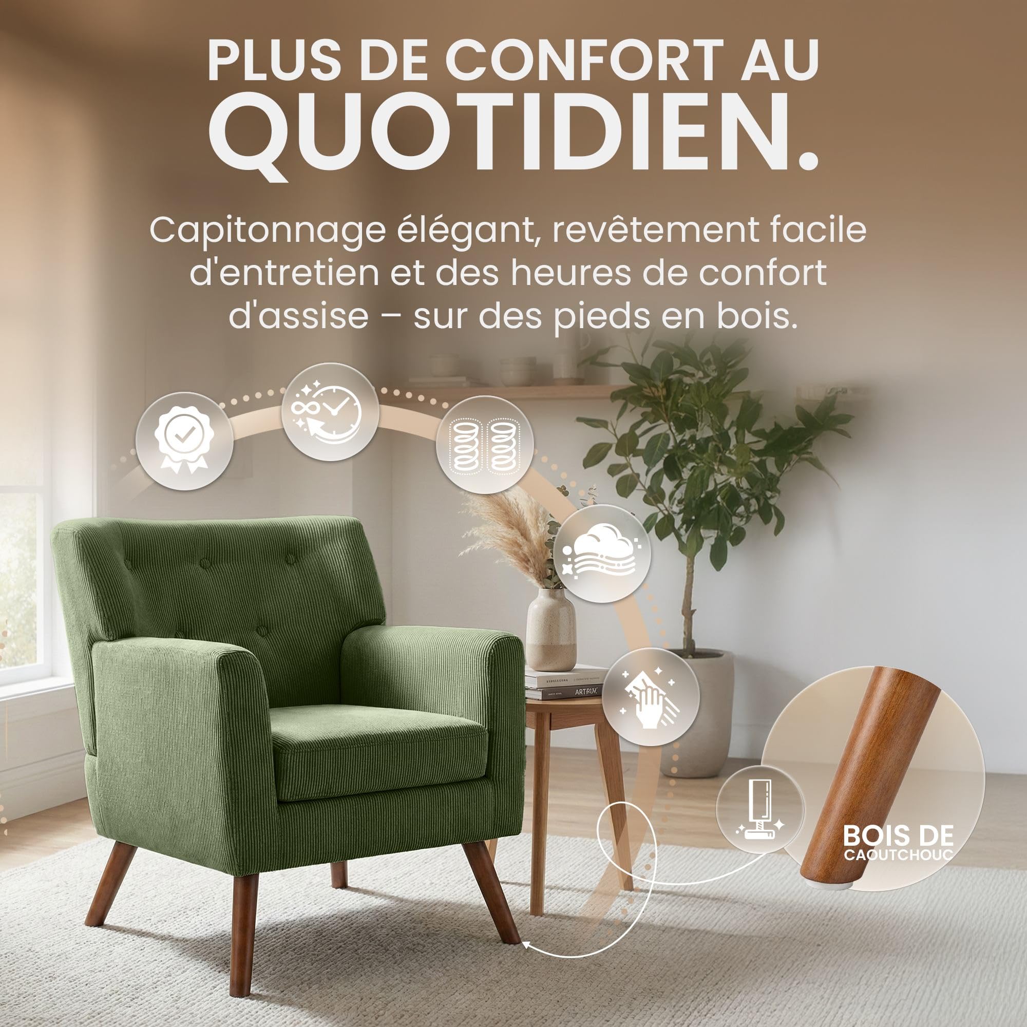CLP Fauteuil Rembourre en Velours cotele Kioni avec accoudoirs, Fauteuil Bergere Jusqu a 150 kg, Fauteuil Relax et TV pour Salon, Couleur:Vert