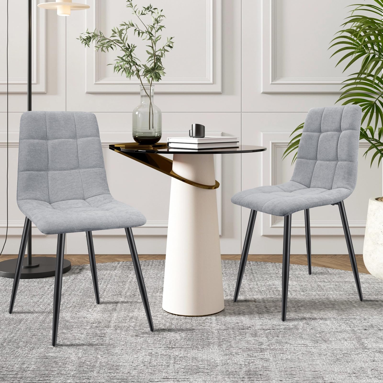 Set di 6 Sedie da Pranzo con Piedi in Metallo Nero, Imbottite con Tessuto di Lino per Cucina, Camera da Letto, Salotto e Soggiorno - Gray