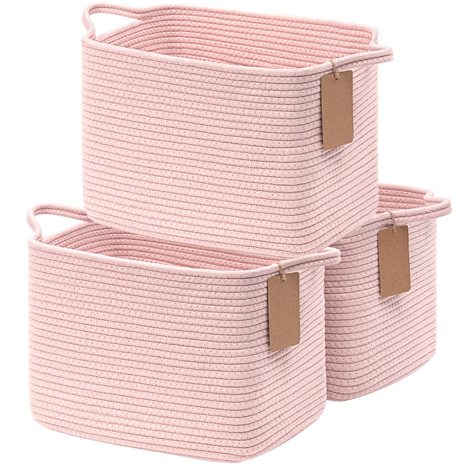 TIMEYARD 3 Pack Storage Basket, Cotton Rope Basket for Shelves Closet Organizer, Square Shelf Basket for Toys, Books, Shoes, Decorative Empty Gift Basket for Decor, 33x25x22.5cm, Pink