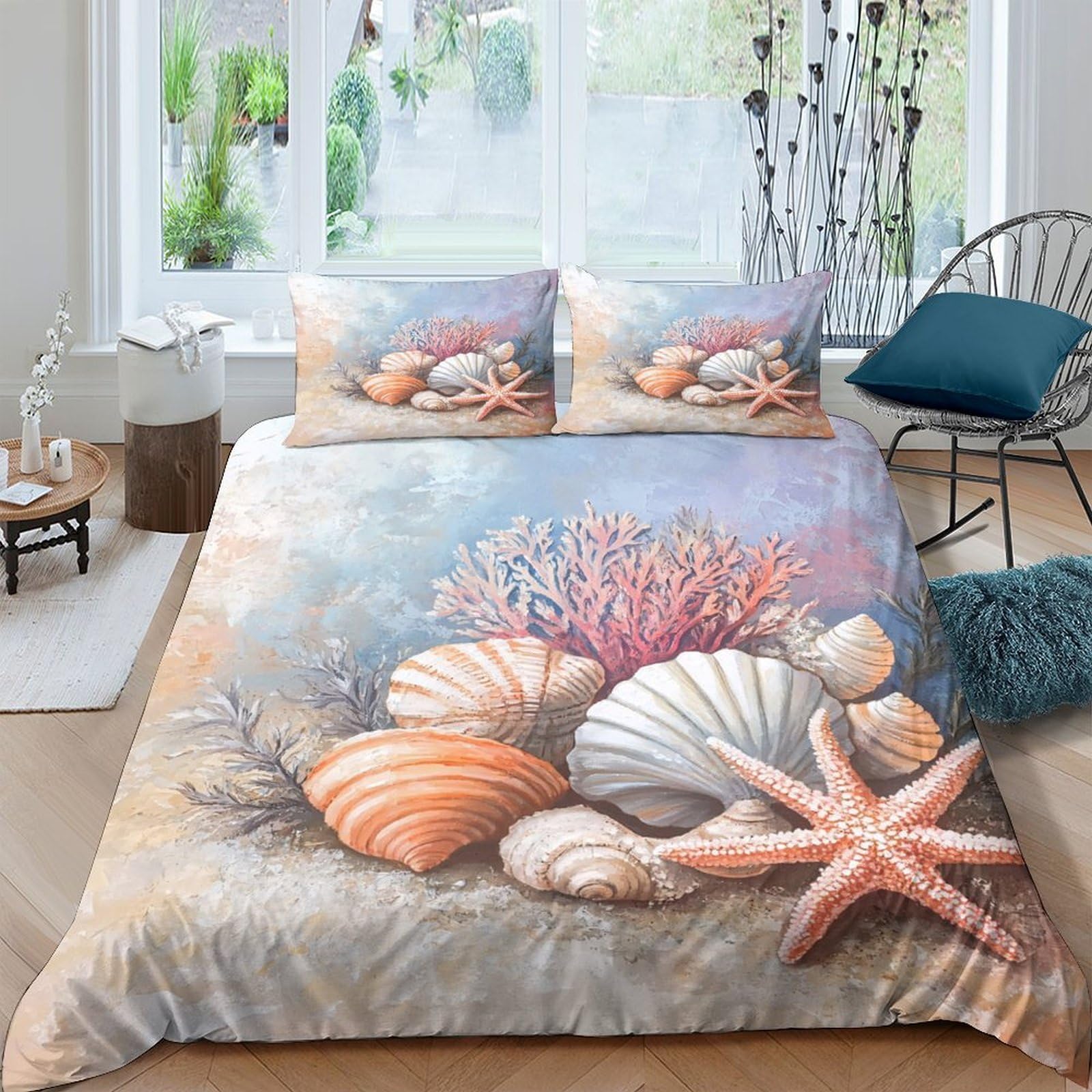 GPLZQXKJNH 3D Printed Ocean Seashells Duvet Cover Microfiber Soft Breathable Coral Quilt Cover Set with 2 Pillowcases for Bedroom Decor Single（135x200cm）