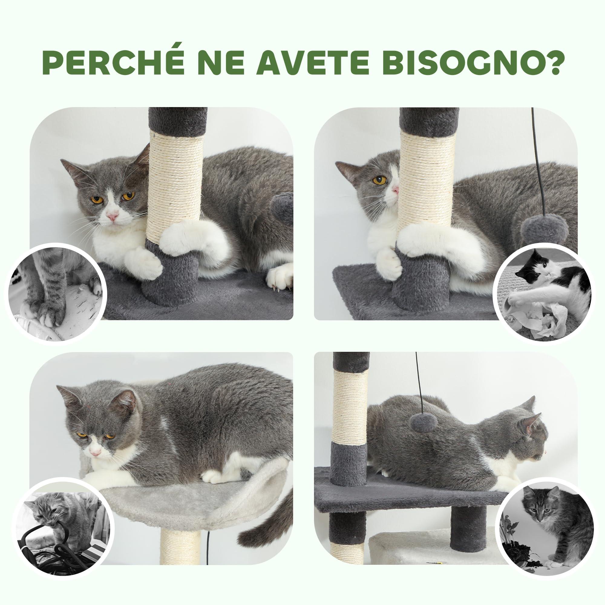 PawHut Albero Tiragraffi per Gatti Alto 85 cm, Torre per Gatti e Gattini con Casetta, Lettino Superiore, Pallina, Pali in Sisal e Tappetino Tiragraffi, Grigio Chiaro